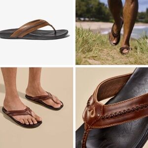 OluKai Mea Ola Tan / Dark Java Leather Beach Sandals Flip-Flops
